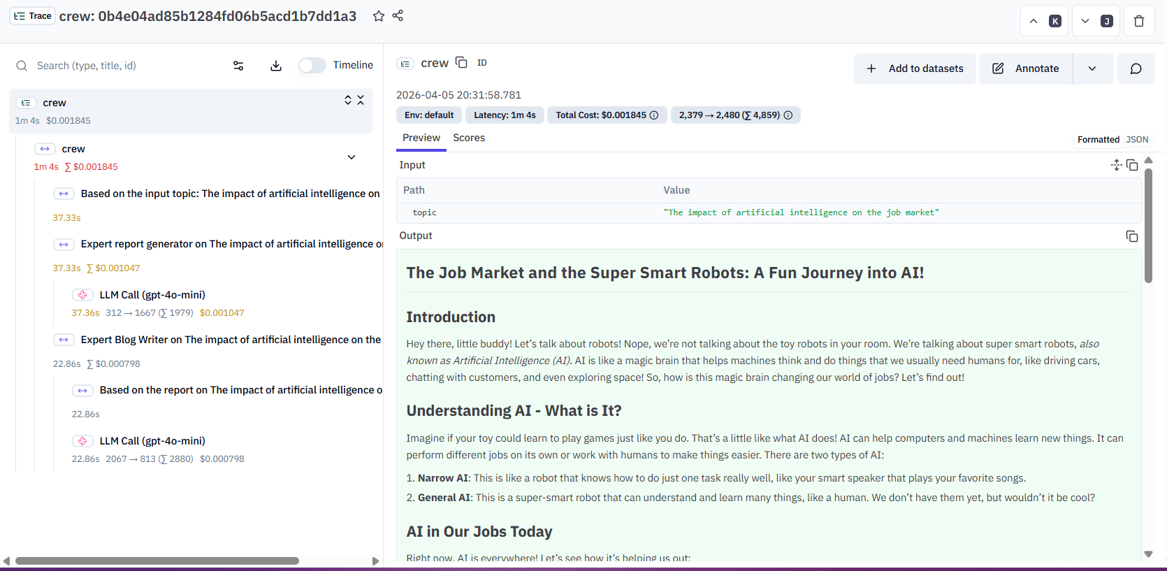CrewAI trace hierarchy in ANTS Platform