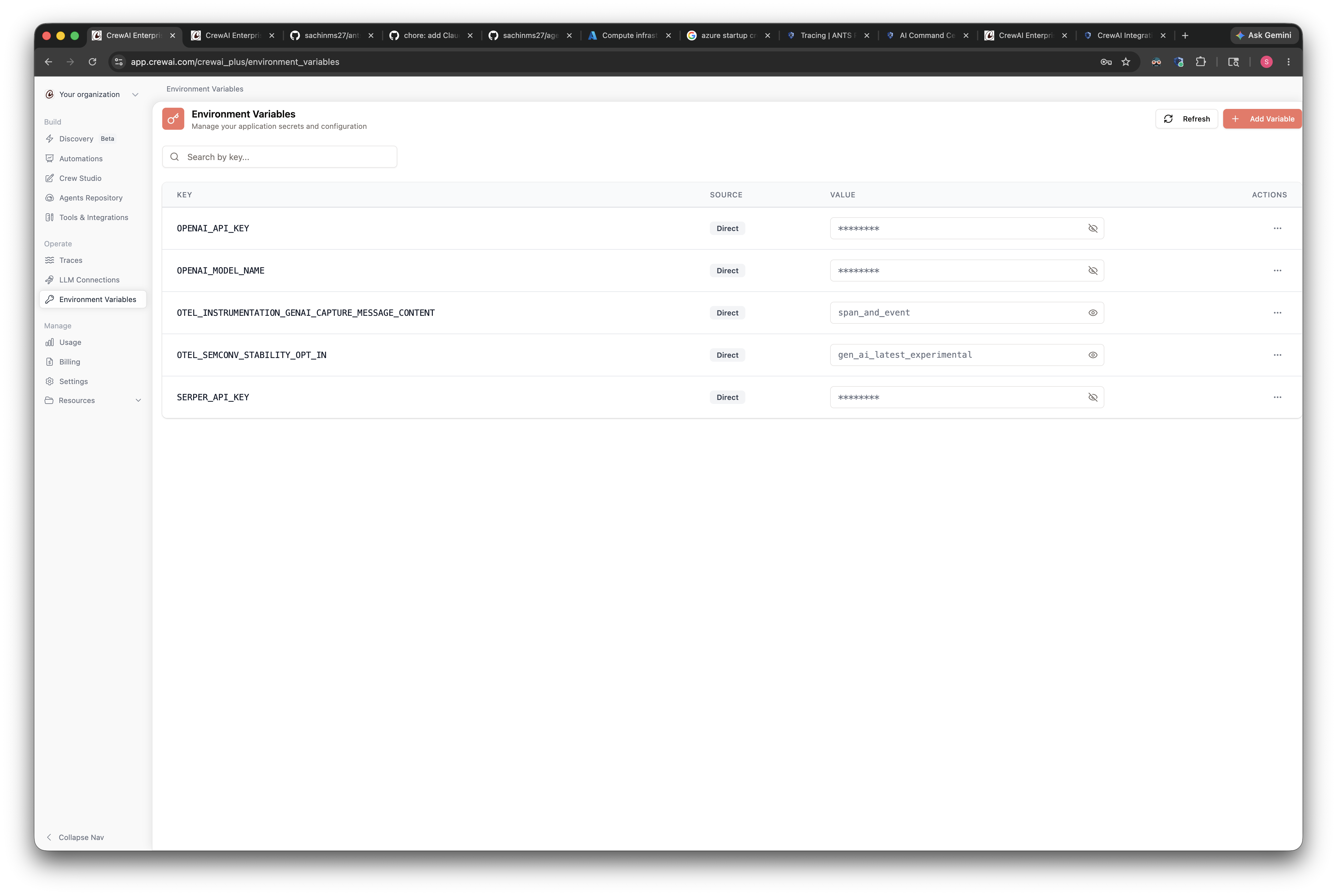 CrewAI Environment Variables with the two OTel keys set
